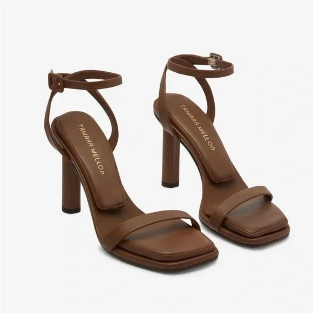 🤎 Tamara Mellon Sienna Brown Pillow-Top Solar 100 Nappa Leather Heeled Sandals